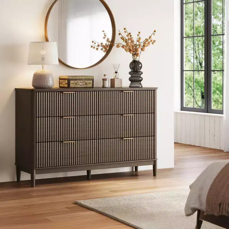 LINSY HOME Fluted 6 Drawer Dresser for Bedroom, Mid Century Modern Large Chest of Drawers with Gold Metal Handles, Wide Boho Wood Dressers