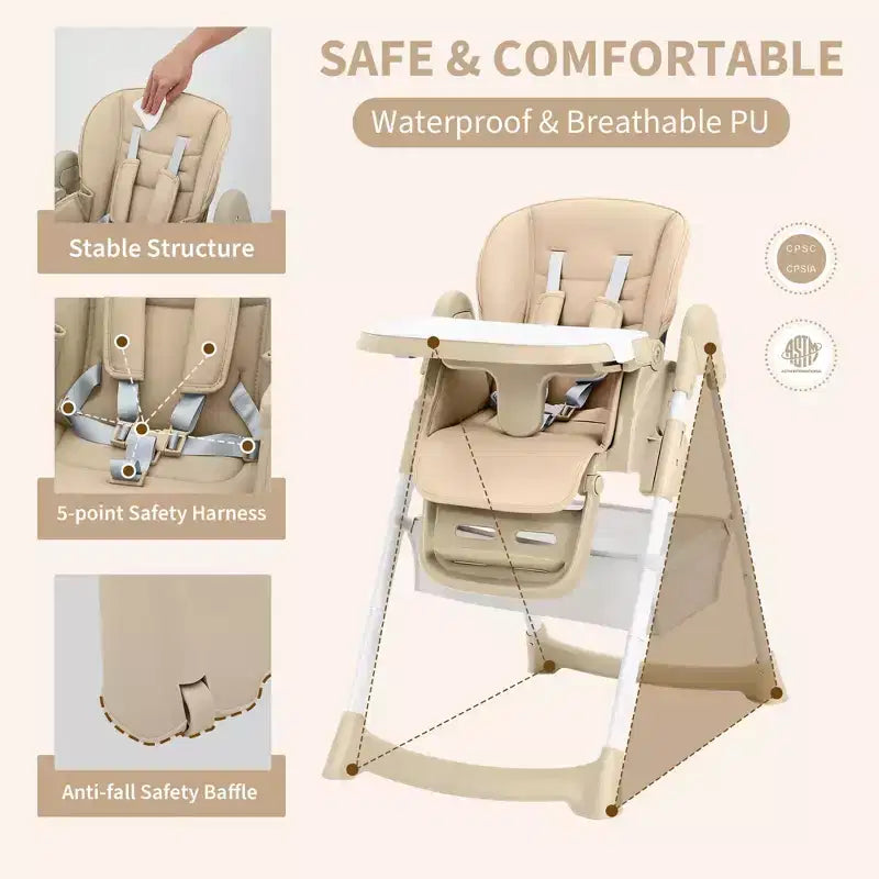 Foldable High Chair for Babies&Toddlers,PU Leather Highchair with Adjustable Backrest,Seat Height,Removable Tray,5-Point Safety Harness&Locking Wheels