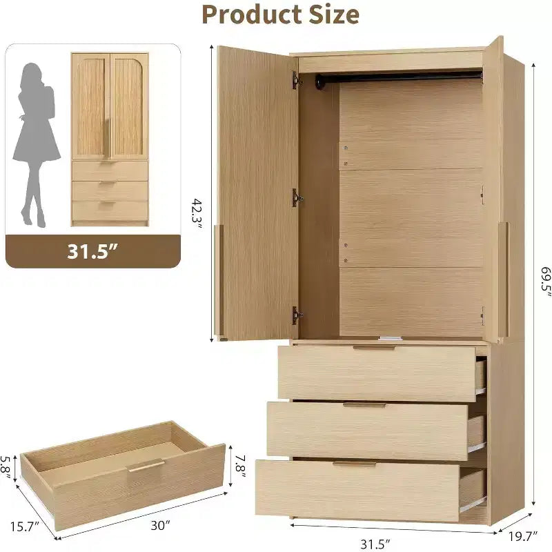 Armoire 2 portes avec 3 tiroirs et tringle de penderie