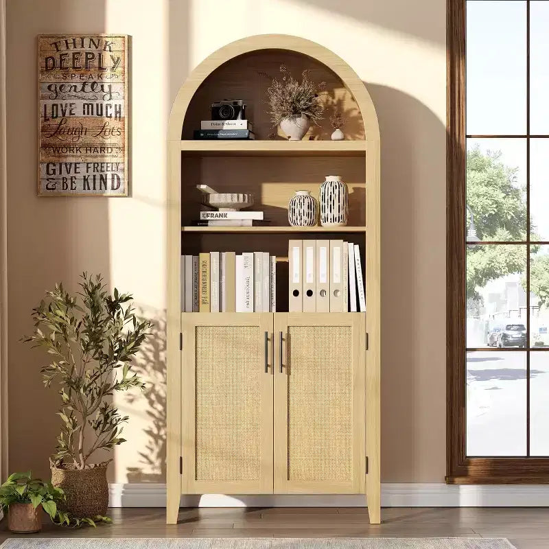 Acekool Arched Pantry Cabinet with Rattan Doors, 5-Tier Farmhouse Storage Cabinet for Kitchen Dining Living Room