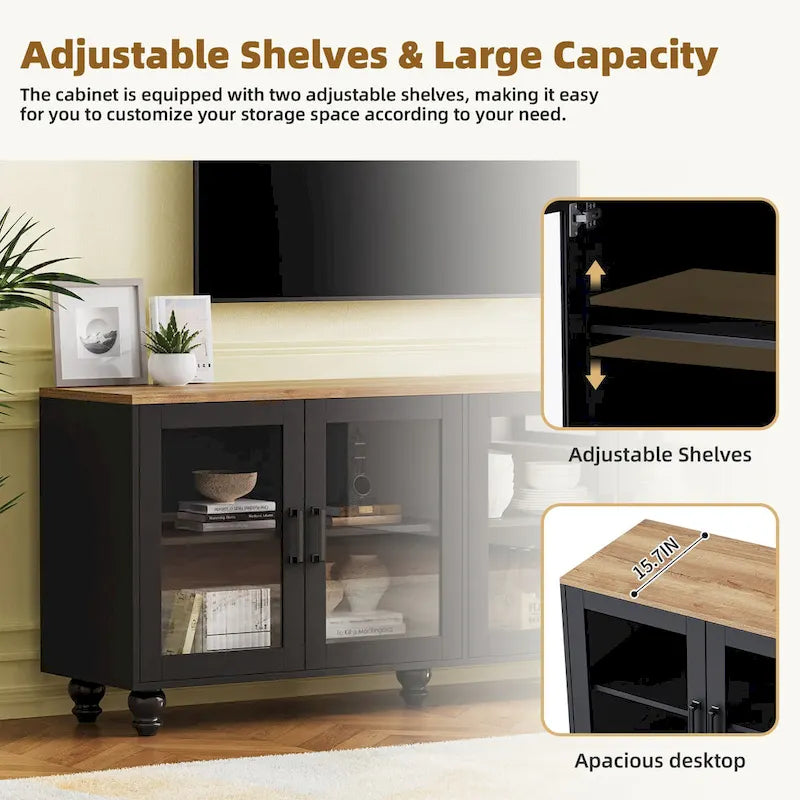 Black + Dark Walnut Farmhouse TV Entertainment Center with Bookshelves & Tempered Glass Doors for TVs Up to 70