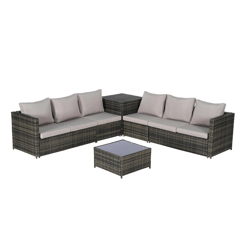 6-Piece Wicker Sectional Sofa Set with Corner & Glass Table