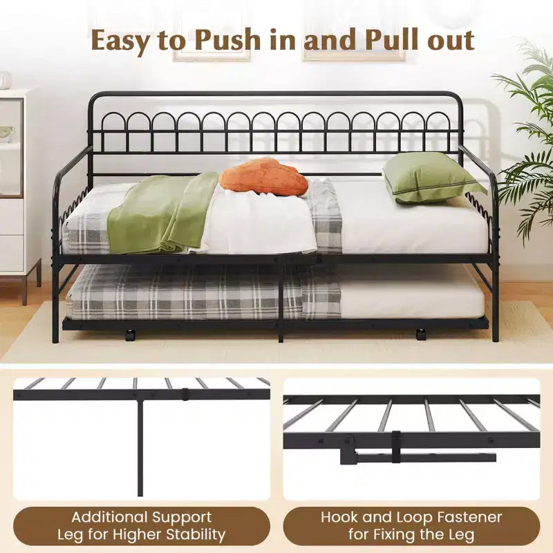 Costway Twin Daybed with Trundle Curved Backrest & Armrests Heavy-duty Metal Slats Black/Gold