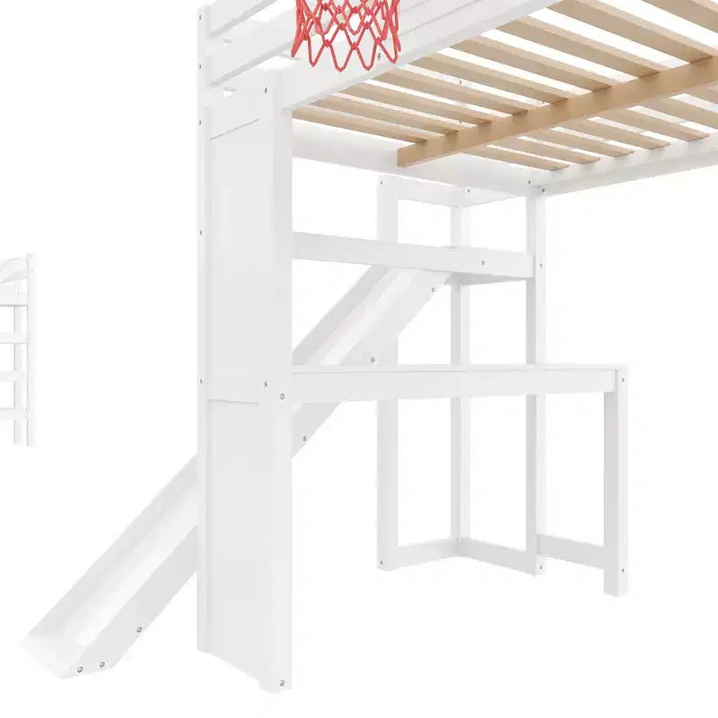 Luxystar Full Wooden Loft bed with Desk, Slide, Basketball hoop and Storage Staircase for Kids and Teens