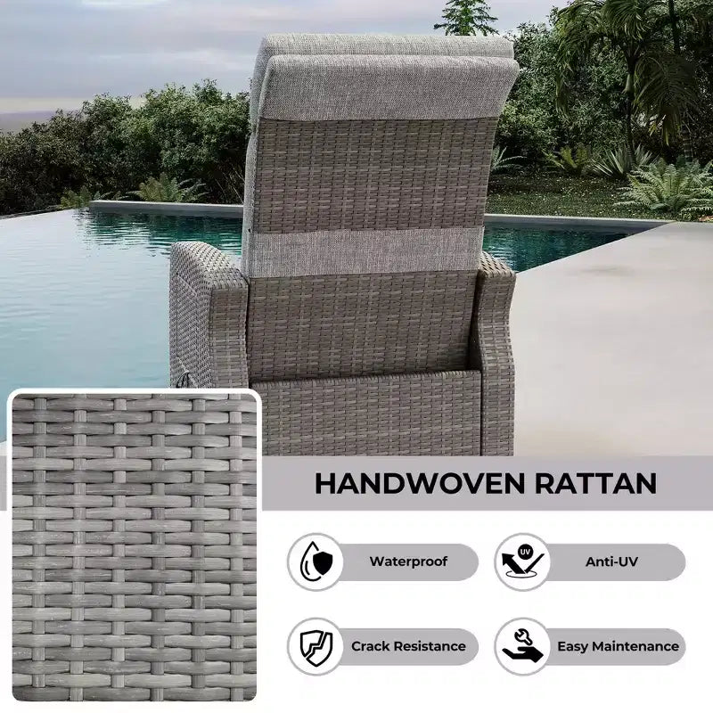 Indoor Outdoor Wicker Recliner Chair with Flip-Up Table Air Pump 155 Lay Flat, Adjustable Wicker Lounge Recliner Chair with Backrest and Footrest