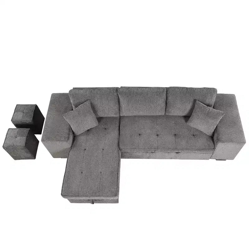 104.5 Reversible L-Shape Sleeper Sectional with Storage Chaise & 2 Stools - Convertible 3-Seat Sofa Bed for Living Room