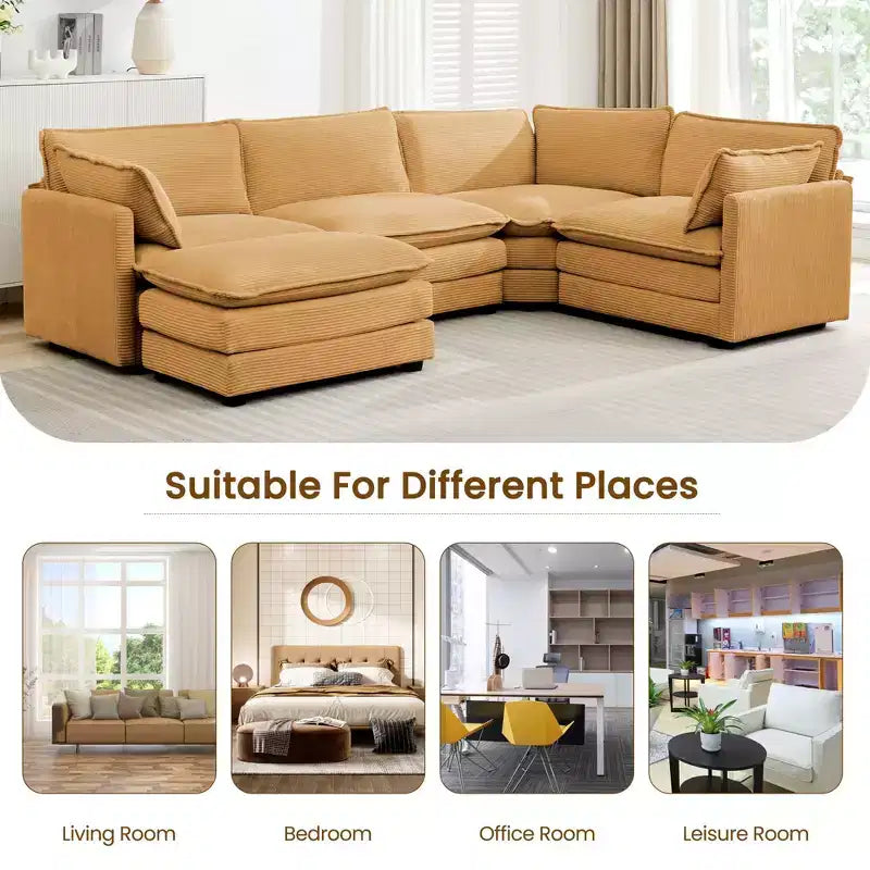Modern 113.4D*79.13W Oversized Corduroy Modular 5-Seat Sectional Sofa Set with Ottoman U Shaped Sofa Couch with Corner Sofa,HYLEORY
