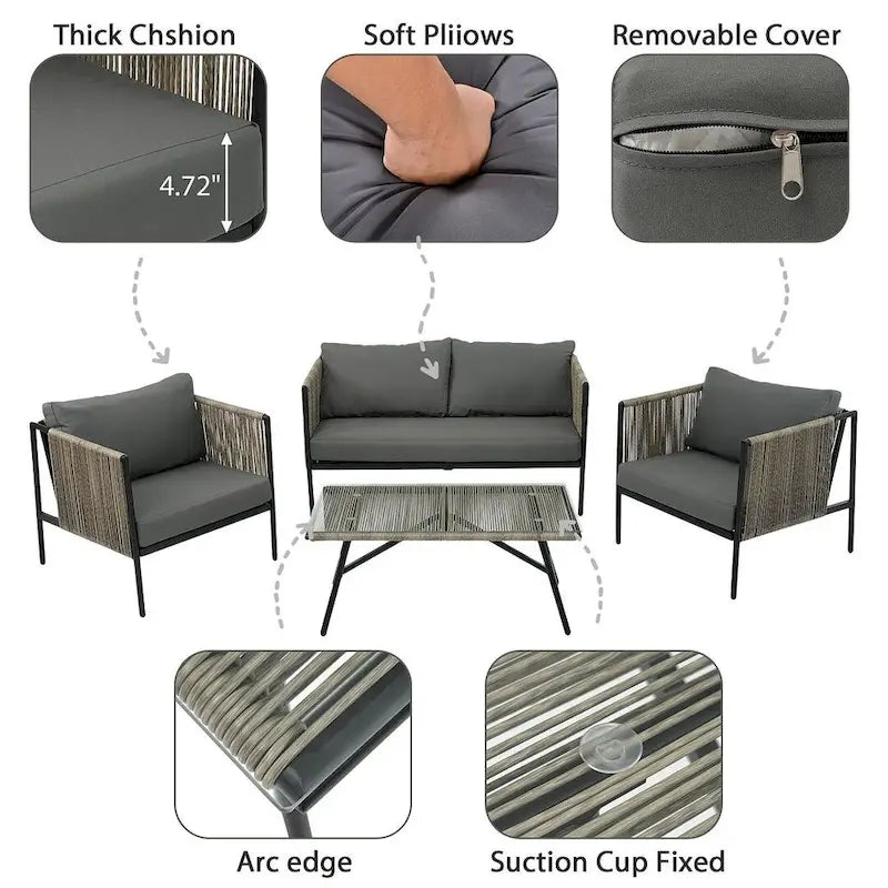 4 PCS Outdoor Rope Patio Set for 4 with Cushions and Glass Table