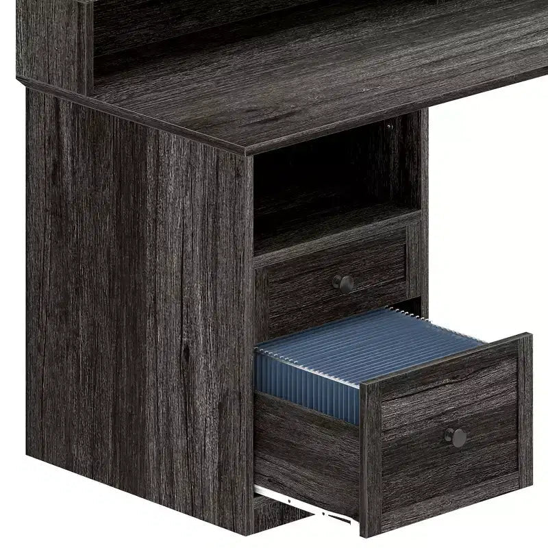 Balconera L Shaped Desk with Drawers 60inch Corner Computer Desk with Power Outlets & Lift Top with Storage Cabinet & LED Lights Grey