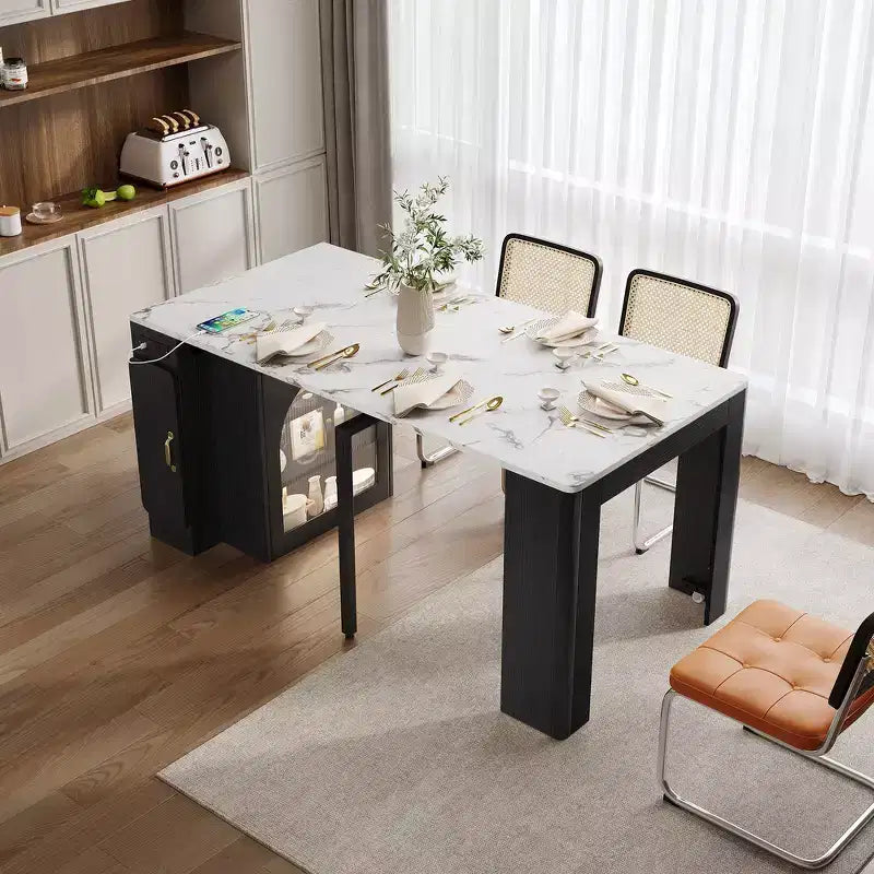 Whisen Extendable Dining Table, Mobile Rolling Island Table with 3 Removable Middle Leaves, Storage Cabinet