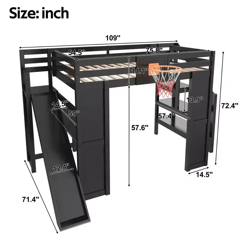 Luxystar Full Wooden Loft bed with Desk, Slide, Basketball hoop and Storage Staircase for Kids and Teens