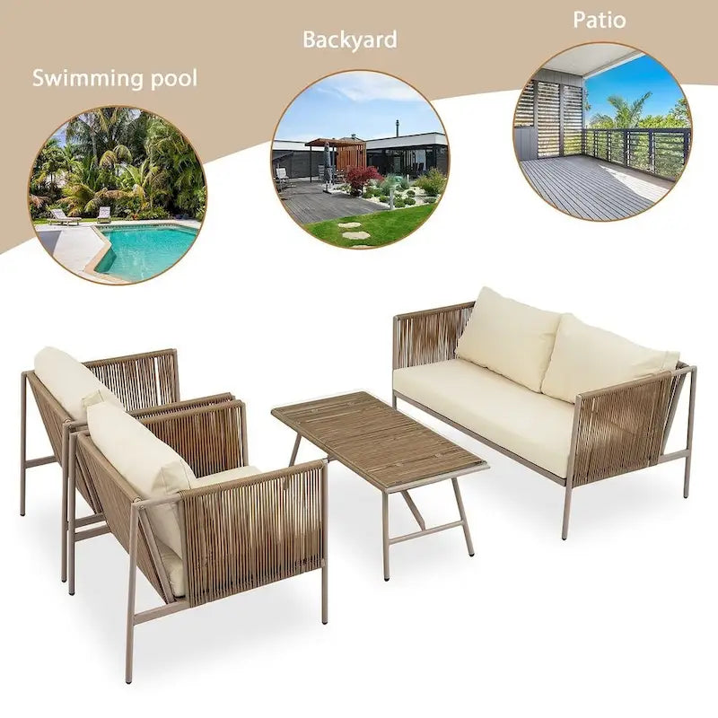 4 PCS Outdoor Rope Patio Set for 4 with Cushions and Glass Table