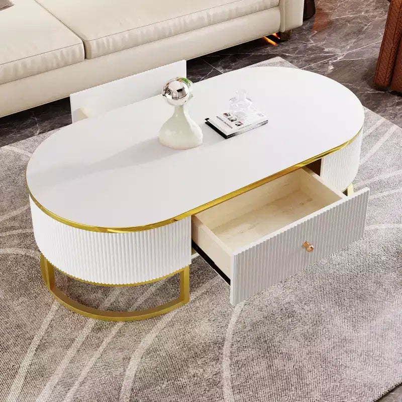 47W Modern Coffee Table Cocktail Table Center Table Accent Table with Drawers, Curved Profile Design, Gold Metal Leg, Oval, White+Gold-ModernLuxe