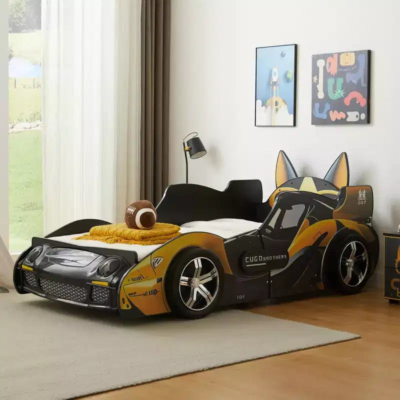GDFStudio Fauna Twin Size Modern Cartoon Racing Car Bed with LED Headlights