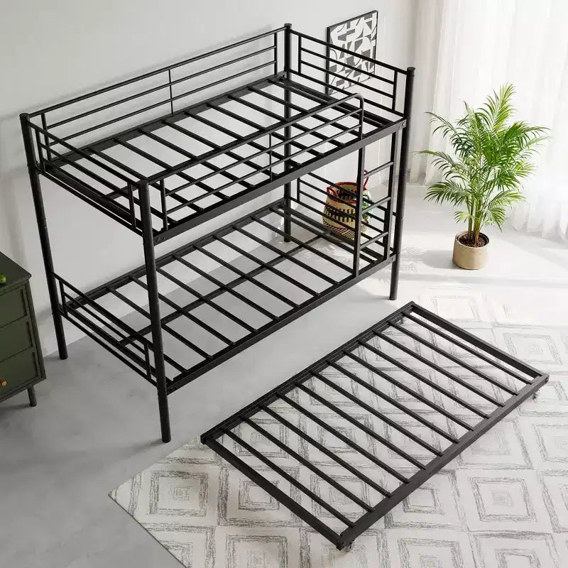 MAYEERTY Lit superposé noir en métal, taille double, avec lit gigogne, échelle, barrière de sécurité pleine longueur, sans bruit, pas besoin de sommier tapissier