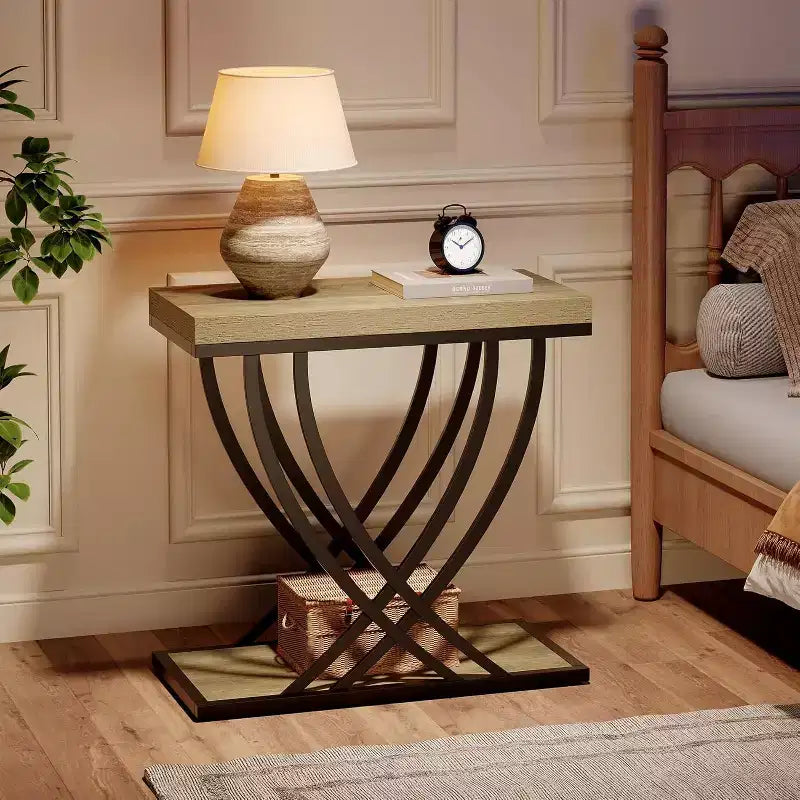 Lantine Side Table, 2-Tier Narrow End Table for Living Room, Industrial Bedside Tables with Metal Frame for Bedroom, Sofa Couch, Small Spaces, Grey