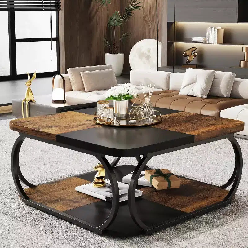40-Inch Square Coffee Table with 2 Tiers, Low Farmhouse Table with Storage Shelf for Living Room, Black Rustic Brown