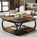 40-Inch Square Coffee Table with 2 Tiers, Low Farmhouse Table with Storage Shelf for Living Room, Black Rustic Brown