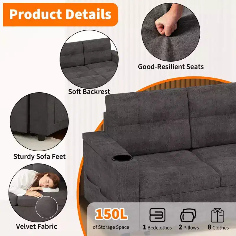 Canapé-lit convertible en L avec couchage escamotable de 213 cm, accoudoirs de rangement dissimulés, porte-gobelets et ports de charge USB, canapé modulable pour salon