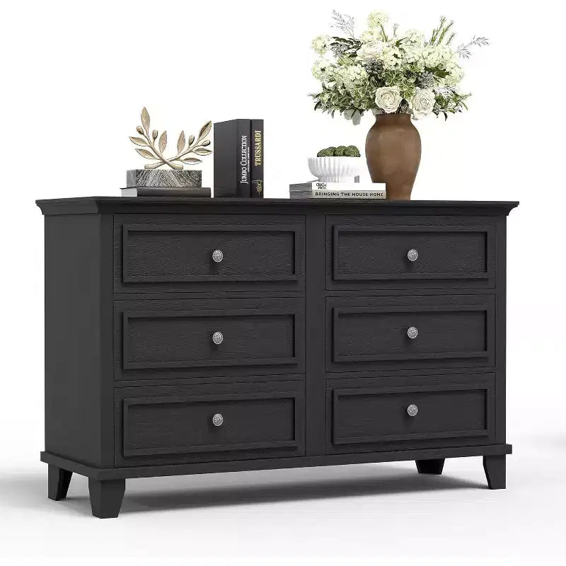 Dresser for Bedroom, 6 Drawer Wide Dresser Storage Organizer, Modern Wooden Chest of Drawers with Metal Handles for Hallway, Entryway, Home Office