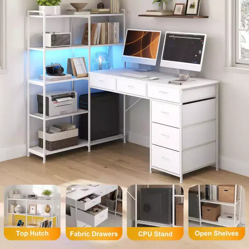 47 L-Shaped Computer Desk with 6 Drawers & 5-Tier Shelves, Reversible Corner Gaming Desk with LED Lights & Power Outlets