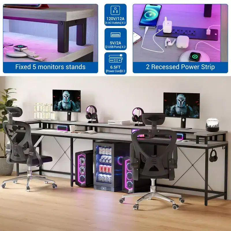 COZONY 78 U/L Shaped Gaming Desk, Reversible Computer Desk with Power Outlets, LED Lights, Monitor Stand & Storage Shelf, Corner Desk for Home Office