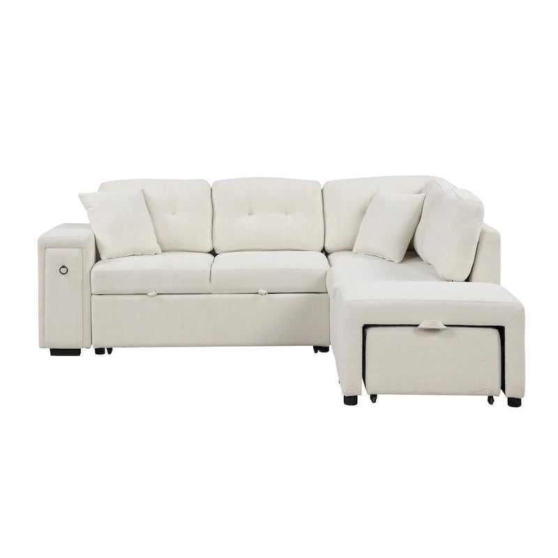 Canapé d'angle 4 places avec lit gigogne, pouf, ports USB et tablette rabattable