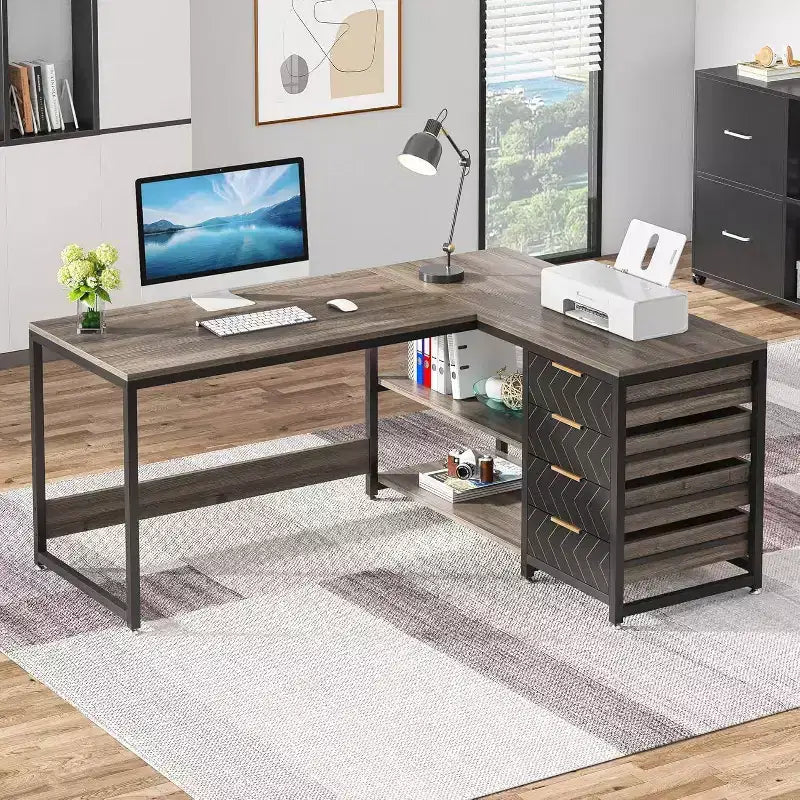 59 Reversible L-Shaped Corner Desk with Storage Drawers, Gray