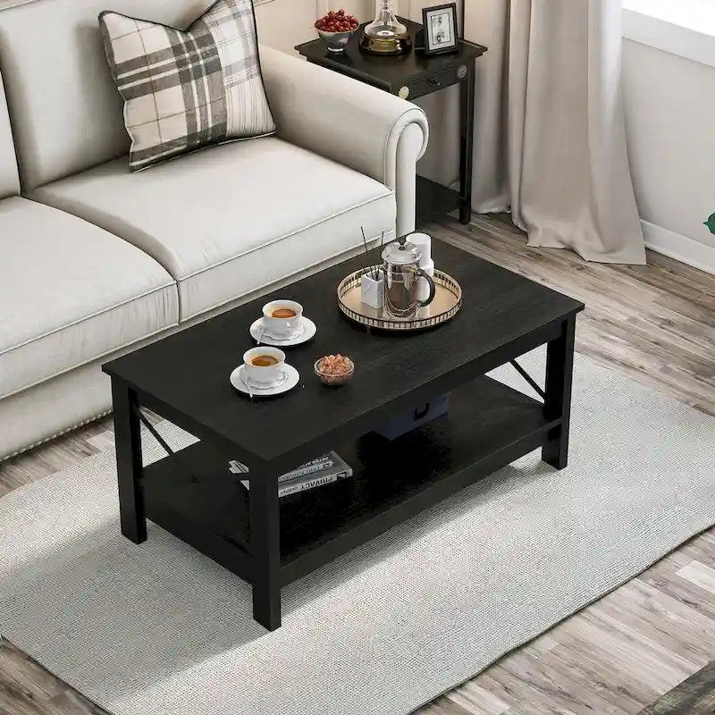 Farmhouse Wood Accent Coffee Table with Large Storage Shelf