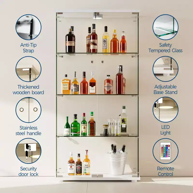 4-Tier Tempered Glass Display Cabinet, Full-Glass Curio Case with LED Lights & Human Body Sensor, Storage Cabinet for Collectibles & Decor