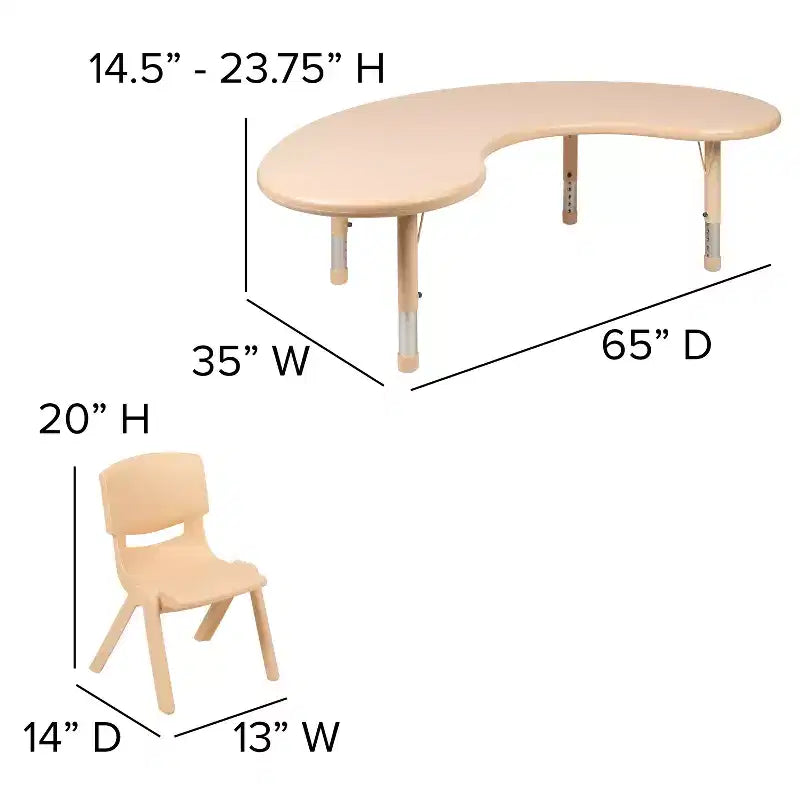 Emma and Oliver 35W x 65L Half-Moon Plastic Height Adjustable Activity Table Set with 4 Chairs