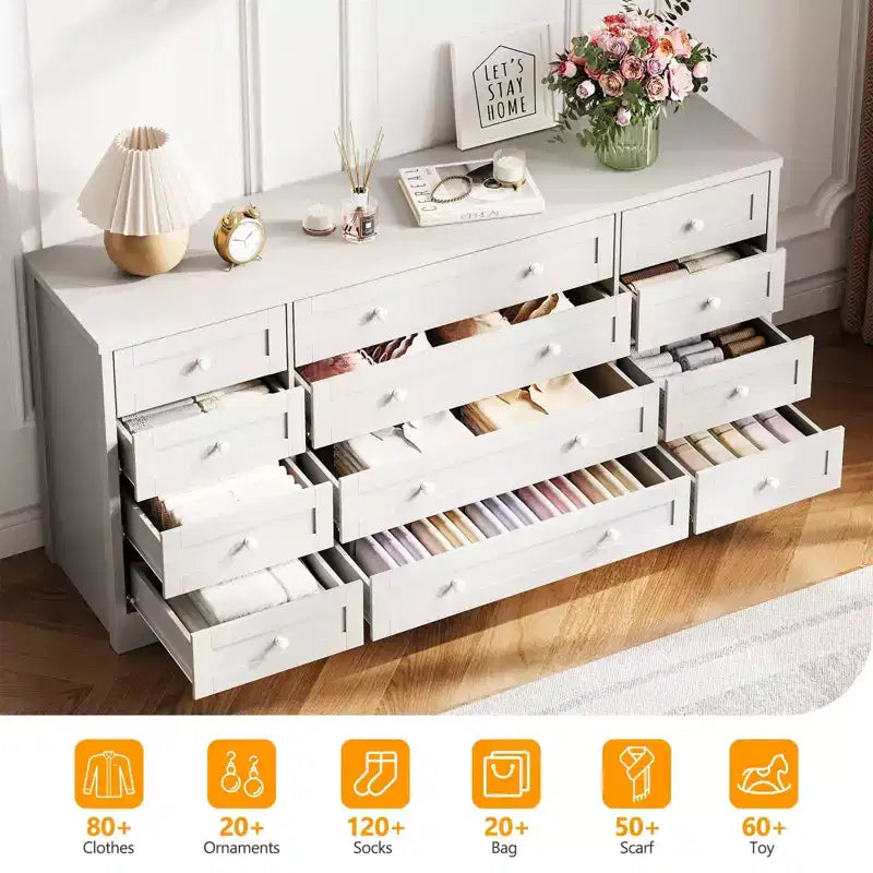 12 Drawers Dresser for Bedroom Wooden, Modern Wide TV Stand Dressers for 65 Inch TV, Wood Chest of Drawers, Farmhouse Clothes Storage for Living Room