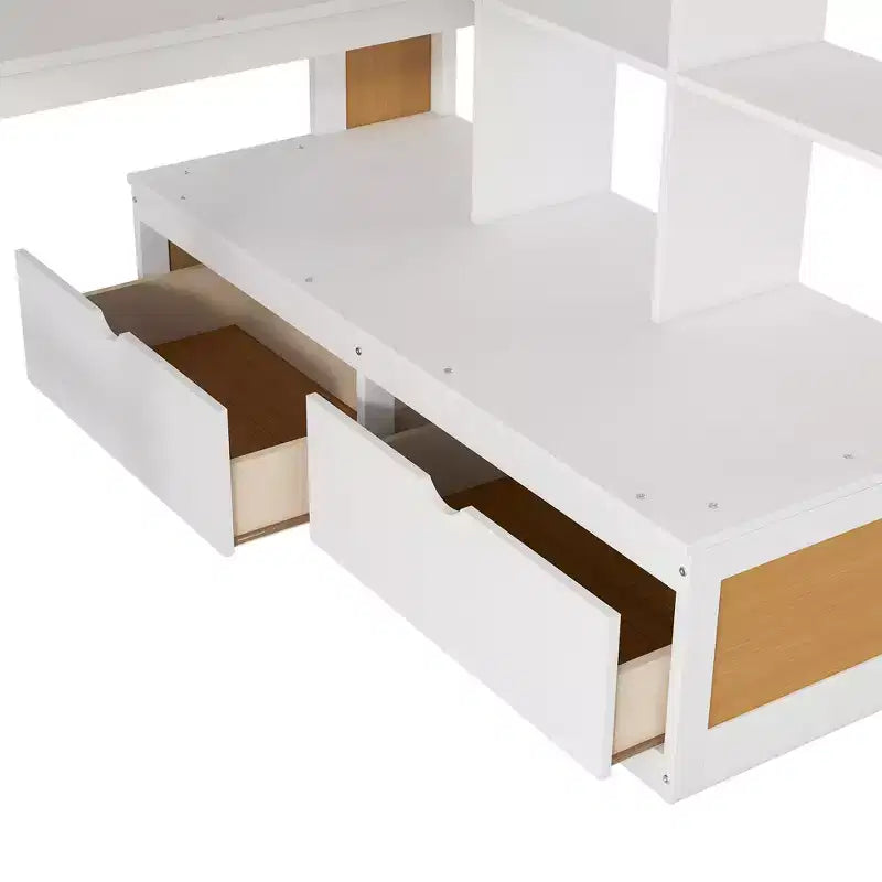 Full Size Loft Bed with Stairs and Desk, Wood Loft Beds Frame with Storage Drawers and Bookcase Shelves for Adults Teens Kids