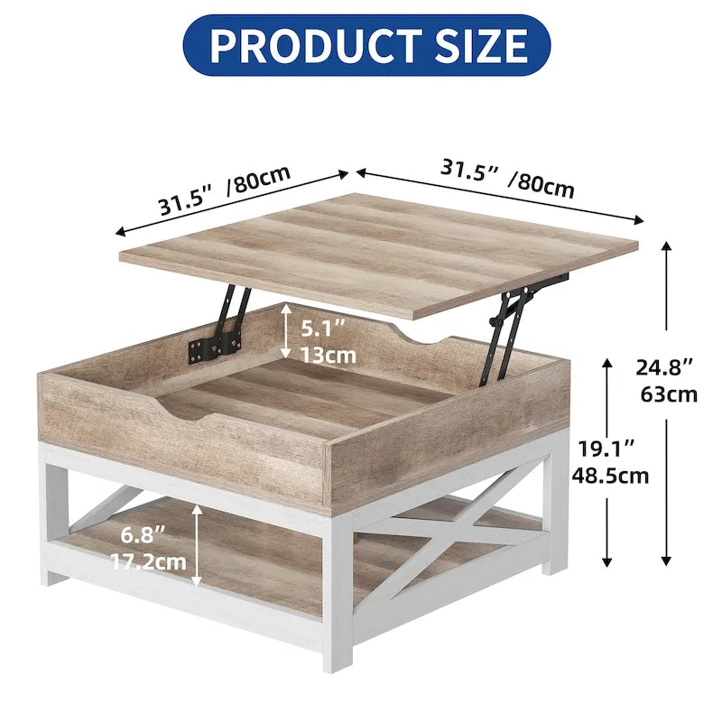 Moasis Farmhouse Square Lift Top Coffee Table with Storage Shelf for Living Room