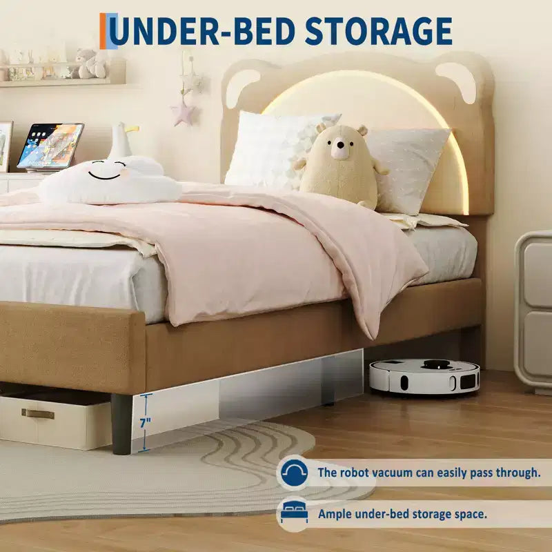 Cute Kids Bed Frame - Adjustable adorable bear design, suede upholstery, storage drawers, solid wood slats, quiet design, easy to assemble.