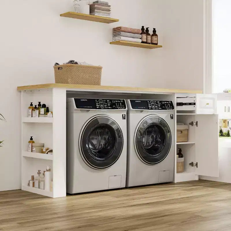82.6 Laundry Countertop Storage with Adjustable Shelf & Drawer, Washer Dryer Countertop for Laundry Room