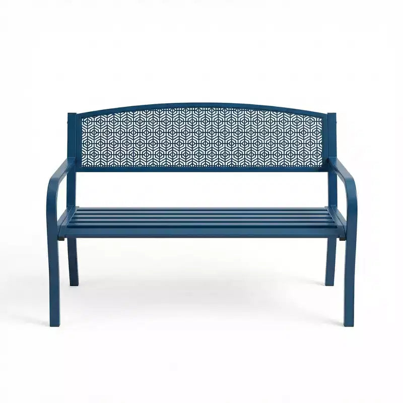 2 Person Metal Outdoor Bench for Garden, Steel Benches Furniture with Geometric Backrest for Patio, Garden & Porch