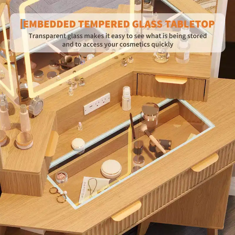 47 Corner Makeup Vanity Desk with Mirror and Light, Wooden Dressing Table with Glass Top & Charging Station, Makeup Vanity Table for Bedroom