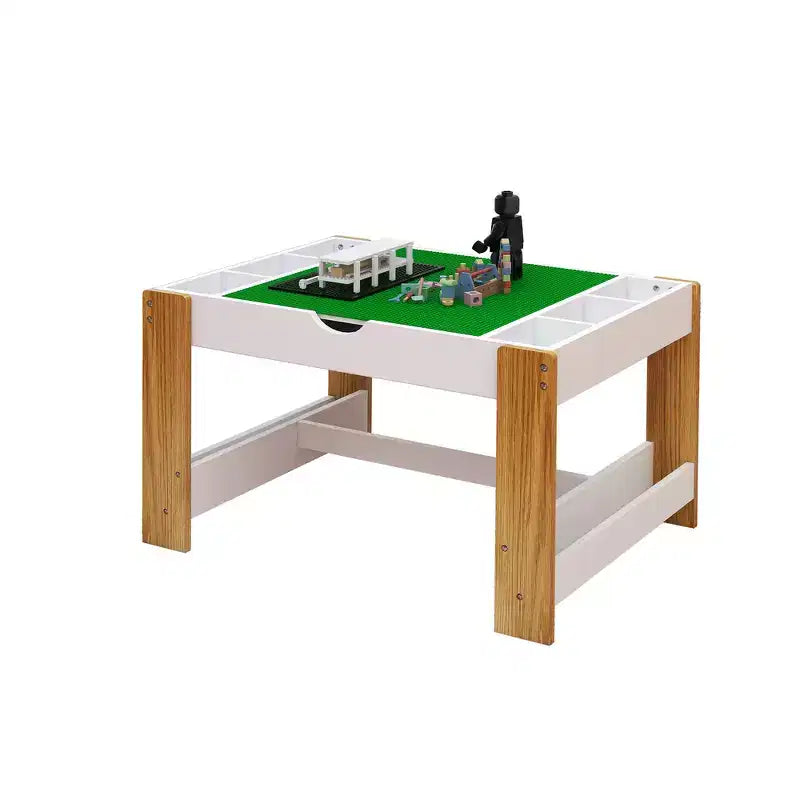 Kids 2-in-1 Activity Play Table with 7 Storage Compartments - LEGO Compatible Building Block & Whiteboard Table, White & Green