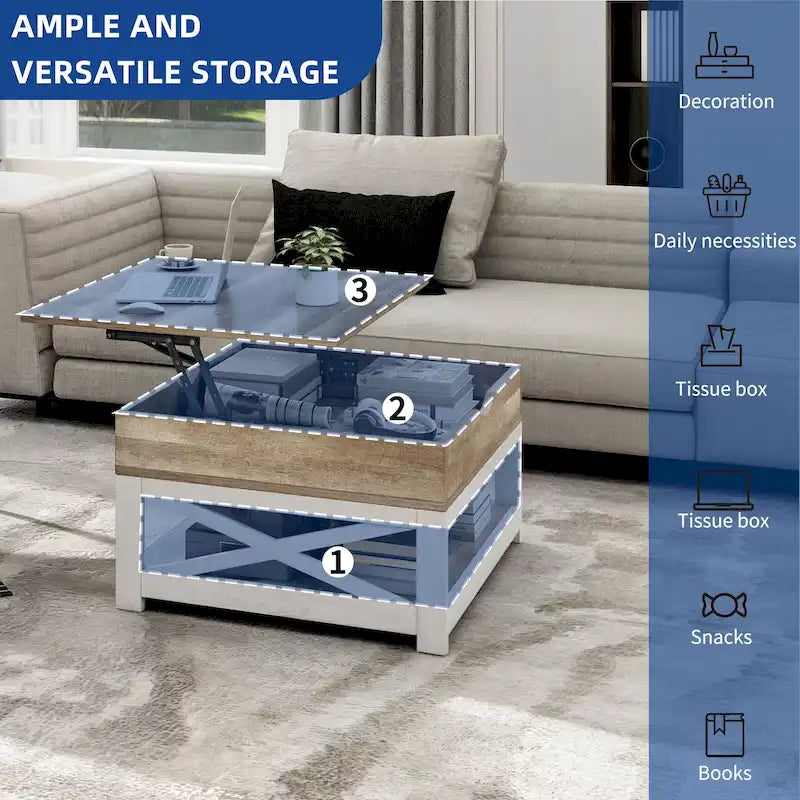 Moasis Farmhouse Square Lift Top Coffee Table with Storage Shelf for Living Room