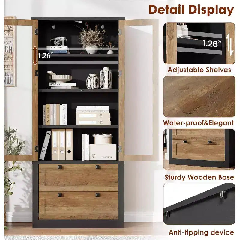 Farmhouse Kitchen Pantry Cabinet with Glass Doors, 72in Storage Cupboard with Drawers and Adjustable Shelves for Dining Room Bathroom Living Room