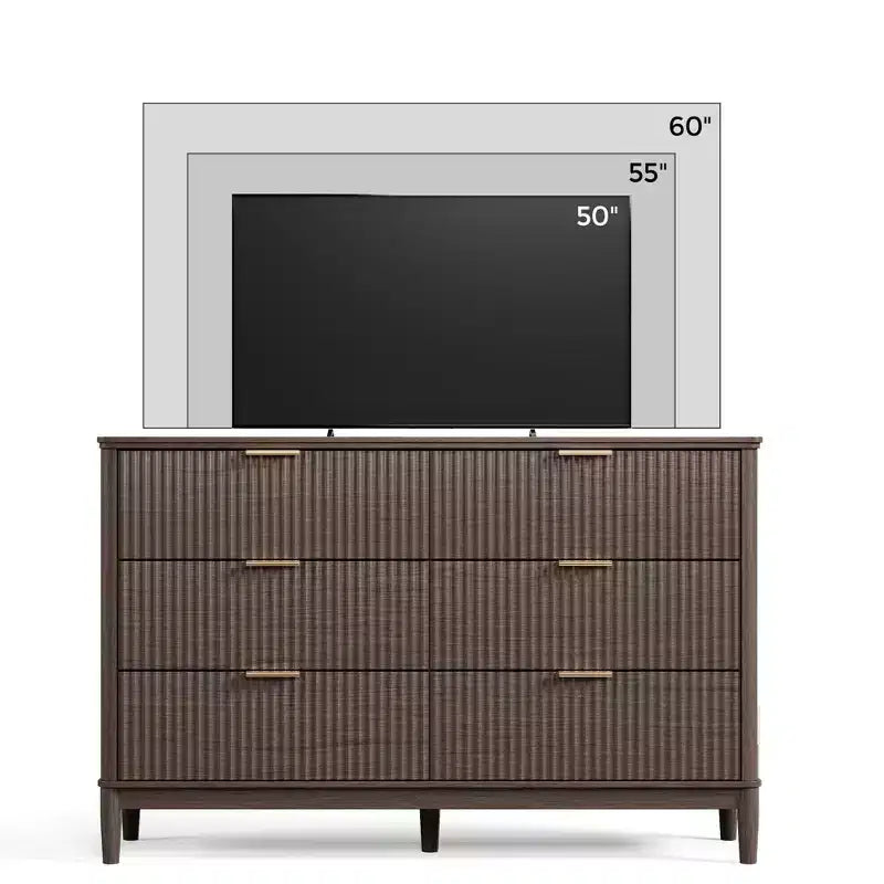 LINSY HOME Fluted 6 Drawer Dresser for Bedroom, Mid Century Modern Large Chest of Drawers with Gold Metal Handles, Wide Boho Wood Dressers