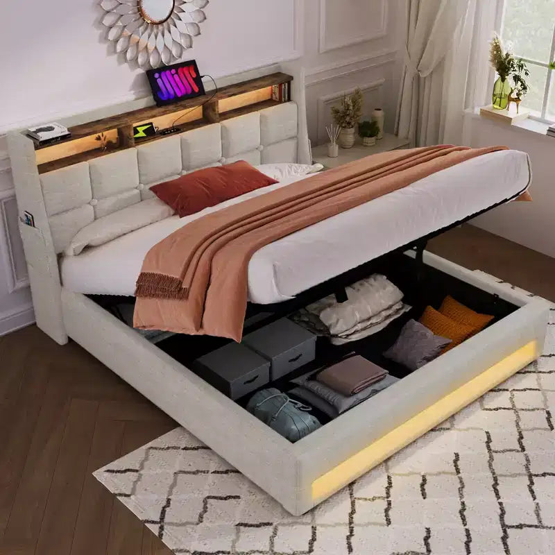 Queen Bed with Hydraulic Storage, LED, USB, Upholstered Headboard, No Box Spring, Easy Assembly