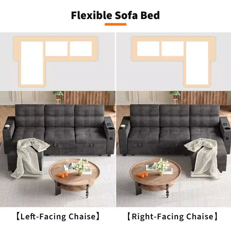 Canapé-lit convertible en L avec couchage escamotable de 213 cm, accoudoirs de rangement dissimulés, porte-gobelets et ports de charge USB, canapé modulable pour salon