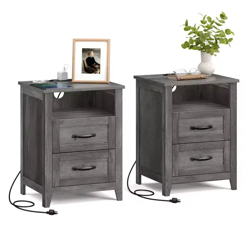 Set of 2 Farmhouse Nightstands with USB Charging - 2-Drawer Bedside Tables, Rustic Modern Design