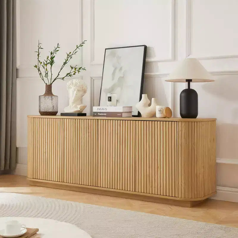 JVNOXK Buffet meuble de rangement meuble TV avec motif vague Buffet Armoire rayée verticale en bois pour cuisine/chambre/entrée. Naturel