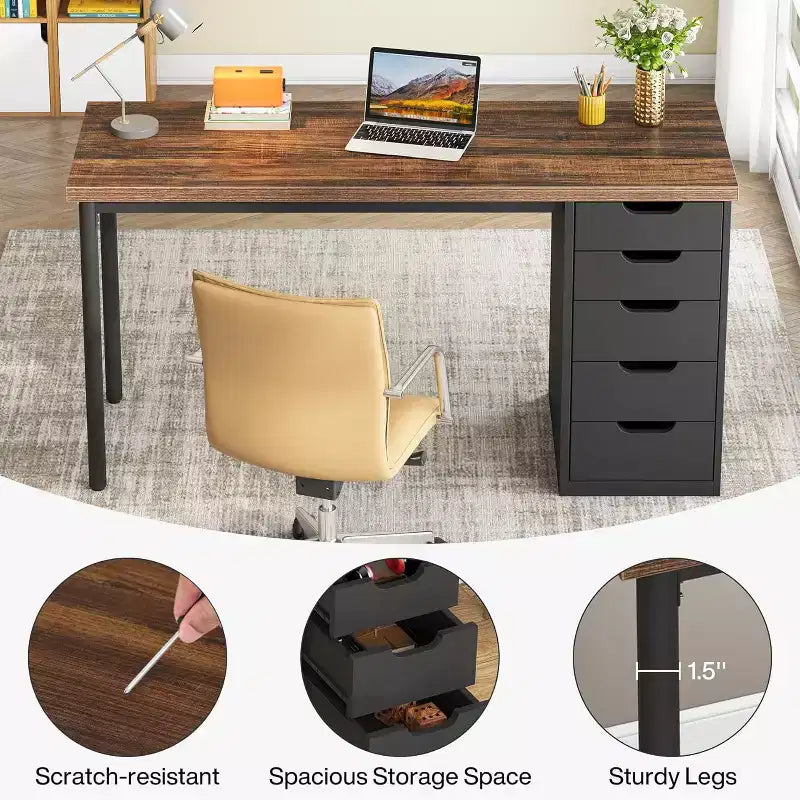 Lantine Computer Desk with 5 Drawers, 47 inches Modern Simple Home Office Desk Study Writing Table for Small Spaces