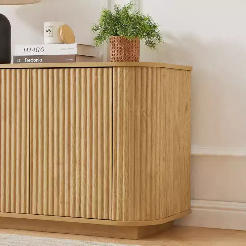 JVNOXK Buffet meuble de rangement meuble TV avec motif vague Buffet Armoire rayée verticale en bois pour cuisine/chambre/entrée. Naturel