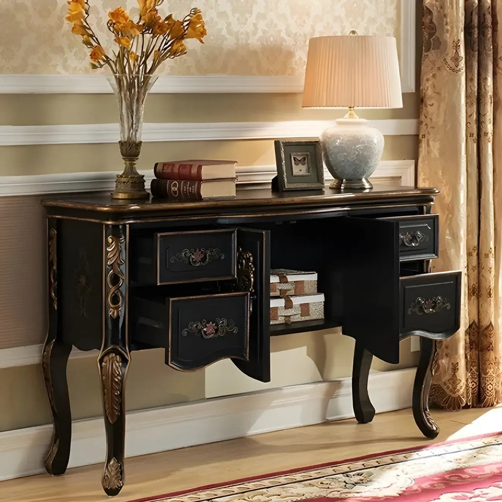 French Coffee Wood Storage Console Table with Drawers