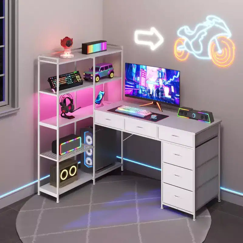 47 L-Shaped Computer Desk with 6 Drawers & 5-Tier Shelves, Reversible Corner Gaming Desk with LED Lights & Power Outlets